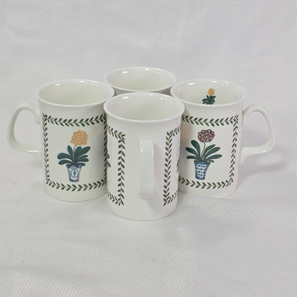 Set 4 Bone China Mugs 4" British A-R Interiors London Potted Plant Leaf NWOT 2lb